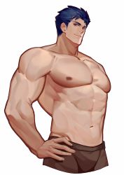 Rule 34 | 1boy, abs, bara, blue hair, boxers, brown male underwear, bulge, cropped legs, fire emblem, groin, hand on own hip, hector (fire emblem), highres, large pectorals, male focus, male underwear, muscular, muscular male, my eight, navel, nintendo, nipples, pectorals, short hair, sideburns, smile, solo, stomach, underwear, underwear only, white background