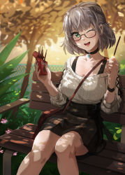 Rule 34 | 1girl, bag, bare shoulders, bench, between breasts, black choker, blush, brand name imitation, breasts, choker, food, glasses, green eyes, hair behind ear, handbag, highres, holding, holding food, holding pocky, hololive, large breasts, miniskirt, off shoulder, okamin, one eye closed, open mouth, park bench, plaid, plaid skirt, pocky, pocky day, ribbed sweater, shirogane noel, shirogane noel (casual), short hair, silver hair, sitting, skirt, smile, snowflake necklace, solo, strap, sweater, sweater tucked in, tree, virtual youtuber, watch, white sweater