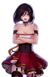 Rule 34 | 00s, bad id, bad pixiv id, breasts, choker, cleavage, collarbone, crossed arms, dress, dungeon and fighter, epomeno, female priest (dungeon and fighter), large breasts, looking at viewer, mistress (dungeon and fighter), open mouth, purple eyes, purple hair, short hair, shorts, skirt, solo, tattoo
