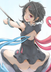 Rule 34 | 1girl, ass, asymmetrical wings, back cutout, black dress, black hair, bottomless, chikado, clothing cutout, dress, from behind, hair ornament, hairclip, highres, houjuu nue, looking at viewer, looking back, over-kneehighs, pointy ears, red eyes, short dress, short hair, simple background, sleeveless, sleeveless dress, smile, snake, solo, thighhighs, touhou, wings