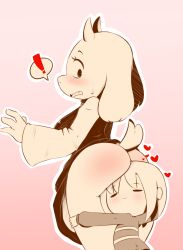Rule 34 | 1girl, androgynous, ass, embarrassed, frisk (undertale), from behind, highres, hug, tail, toriel, undertale