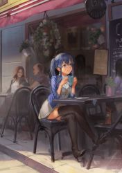 Rule 34 | 1boy, 1girl, 3girls, alternate costume, awning, bald, black thighhighs, blue eyes, blue hair, blue jacket, boots, brown hair, cafe, chair, closed mouth, crossed legs, crowd, cup, day, dress, earrings, flower, full body, glass, gotland (kancolle), grey dress, had (had314), hair between eyes, high heel boots, high heels, highres, holding, holding cup, jacket, jewelry, kantai collection, long sleeves, mole, mole under eye, multiple girls, outdoors, pavement, picture frame, plant, plate, potted plant, reflection, side ponytail, sidewalk, sign, sitting, smile, solo focus, table, thigh boots, thighhighs, wall, window, zipper