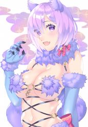 Rule 34 | 1girl, :d, akapug621, animal ears, arm behind back, bad id, bad pixiv id, black nails, blue gloves, blush, bow, breasts, choker, cleavage, elbow gloves, fate/grand order, fate (series), fur-trimmed gloves, fur trim, gloves, hair between eyes, large breasts, looking at viewer, mash kyrielight, mash kyrielight (dangerous beast), nail polish, navel, official alternate costume, open mouth, pink hair, purple eyes, red bow, revealing clothes, short hair, sideboob, smile, solo, underboob, upper body, white background, wolf ears