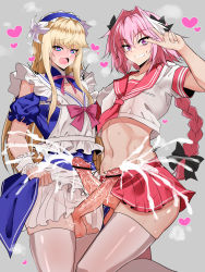 Rule 34 | 2boys, absurdres, astolfo (fate), bar censor, blonde hair, censored, chevalier d&#039;eon (fate), cum, ejaculation, fate/grand order, fate (series), heart, highres, large penis, multiple boys, penis, pink hair, trap, wtwinmkii2nd, yaoi