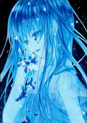 Rule 34 | 1girl, acrylic paint (medium), bad id, bad pixiv id, blue theme, crying, crying with eyes open, crystal, earrings, eyelashes, jewelry, kazchiko, long hair, original, painting (medium), see-through, smile, solo, star (symbol), star earrings, tears, traditional media, upper body, watercolor (medium)