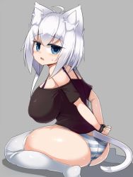 Rule 34 | 1girl, ahoge, animal ears, arms behind back, ass, bdsm, blue eyes, blush, bondage, bound, bound wrists, breasts, camisole, cat ears, cat tail, covered erect nipples, d:, felt whitesnow, highres, huge breasts, jitome, looking at viewer, open mouth, original, panties, puffy nipples, sawati, short hair with long locks, sideboob, simple background, sitting, solo, striped clothes, striped panties, sweatdrop, tail, thick thighs, thighhighs, thighs, underwear, wariza, white hair, white thighhighs