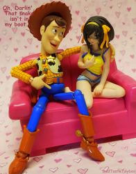 Rule 34 | 1boy, 1girl, absurdres, arm around shoulder, bare arms, bare shoulders, barefoot, belt, belt buckle, boots, buckle, couch, cowboy, cowboy boots, cowboy western, creepy, crossover, disney, dutch angle, frilled panties, frills, full body, hair ribbon, hairband, heart, highres, looking at another, midriff, navel, on couch, panties, photo (medium), pixar, plaid, plaid shirt, pointing, revoltech, ribbon, sheriff, sheriff woody, shirt, sitting, spurs, suzumiya haruhi, suzumiya haruhi no yuuutsu, tank top, text focus, third-party edit, toy, toy story, underwear, western, yellow hairband, yellow ribbon, yellow shirt, yokozuwari
