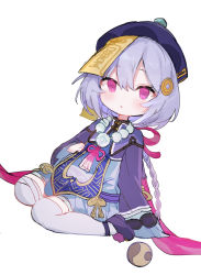 Rule 34 | 1girl, bandaged leg, bandages, bead necklace, beads, blue dress, blush, braid, commentary request, cropped jacket, dress, full body, genshin impact, hair between eyes, hair ornament, hat, highres, jacket, jewelry, long hair, long sleeves, looking at viewer, necklace, neku01n, ofuda, parted lips, purple eyes, purple footwear, purple hair, purple hat, purple jacket, qingdai guanmao, qiqi (genshin impact), shoes, simple background, single braid, sitting, sleeves past fingers, sleeves past wrists, solo, thighhighs, very long hair, wariza, white background, white thighhighs, wide sleeves, yin yang