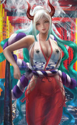 Rule 34 | 1girl, breasts, cleavage, commentary, curled horns, donyta, english commentary, gradient hair, green hair, hakama, hakama skirt, high ponytail, hip vent, horns, japanese clothes, large breasts, long hair, looking at viewer, multicolored hair, one piece, oni, orange eyes, paid reward available, red hakama, red horns, rope, shimenawa, shirt, skirt, sleeveless, smoke, solo, very long hair, watermark, white hair, white shirt, yamato (one piece)