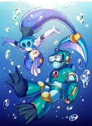 Rule 34 | 1boy, 1girl, arm cannon, blue eyes, blush, bubble, bubble man, flippers, iroyopon, looking at another, mega man (classic), mega man (series), mega man 2, mega man 9, mermaid, monster girl, open mouth, smile, splash woman, underwater, upside-down, weapon