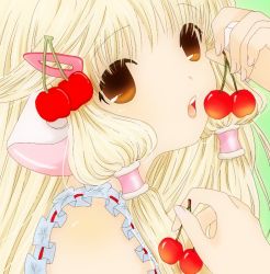 Rule 34 | 1girl, android, anime coloring, blonde hair, brown eyes, cherry, cherry hair ornament, chii, chobi (chan key), chobits, close-up, commentary request, eating, food, food-themed hair ornament, frills, fruit, green background, hair ornament, hairclip, hand up, holding, holding food, holding fruit, long hair, looking at viewer, open mouth, partial commentary, red ribbon, ribbon, ribbon trim, robot ears, sidelocks, solo