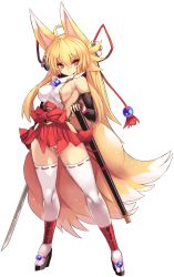 Rule 34 | 1girl, animal ears, black gloves, blonde hair, breasts, closed mouth, commentary request, fingerless gloves, fox ears, fox tail, full body, gloves, highres, izuna (shinrabanshou), karukan (monjya), large breasts, long hair, looking at viewer, red eyes, shinrabanshou, sideboob, simple background, smile, solo, standing, tail, thick eyebrows, thighhighs, white background, white thighhighs