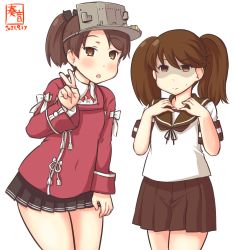 Rule 34 | 2girls, artist logo, black skirt, brown hair, brown sailor collar, brown skirt, commentary request, cosplay, costume switch, cowboy shot, dated, japanese clothes, kanon (kurogane knights), kantai collection, kariginu, leaning forward, long hair, looking at viewer, multiple girls, one-hour drawing challenge, pleated skirt, ponytail, red shirt, ryuujou (kancolle), ryuujou (kancolle) (cosplay), sailor collar, school uniform, serafuku, shaded face, shikinami (kancolle), shikinami (kancolle) (cosplay), shirt, short hair, simple background, skirt, twintails, v, visor cap, white background