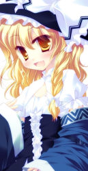 Rule 34 | 1girl, blonde hair, braid, cosplay, curiosities of lotus asia, female focus, flat chest, hat, kirisame marisa, long hair, morichika rinnosuke, morichika rinnosuke (cosplay), motomiya mitsuki, oversized clothes, solo, touhou, witch, witch hat, yellow eyes