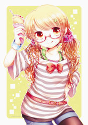 Rule 34 | 1girl, alternate costume, alternate hairstyle, arm up, bad id, bad pixiv id, belt, bespectacled, blonde hair, bow, bracelet, brown pantyhose, contemporary, crepe, fashion, female focus, food, glasses, hair ornament, hairclip, hand on own hip, hip focus, jewelry, kirisame marisa, licking lips, long hair, pantyhose, pantyhose under shorts, sanotsuki, scrunchie, shirt, shorts, smile, solo, star (symbol), striped clothes, striped shirt, tongue, tongue out, touhou, twintails, yellow eyes