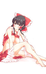 Rule 34 | 1girl, bad id, bad pixiv id, bare legs, bare shoulders, barefoot, black hair, blush, breasts, breasts out, brown eyes, clothes lift, convenient arm, convenient censoring, convenient leg, detached sleeves, hair tubes, hakurei reimu, hand on own leg, highres, large breasts, looking at viewer, no bra, non (z-art), shirt lift, simple background, sitting, thighs, touhou