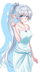 Rule 34 | 1girl, absurdres, bare shoulders, blue eyes, blush, breasts, dangle earrings, dress, earrings, elf, hair ornament, hand on own ear, hand up, high ponytail, highres, jewelry, kumanosigenium1, long hair, medium breasts, necklace, off-shoulder dress, off shoulder, pointy ears, rwby, scar, scar across eye, scar on face, simple background, solo, strapless, strapless dress, tiara, very long hair, weiss schnee, white background, white dress, white hair