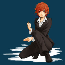 Rule 34 | 00s, 1girl, 1shiki, androgynous, baccano!, bad id, bad pixiv id, ennis, female focus, formal, isshoku (shiki), pant suit, pants, red eyes, red hair, reverse trap, short hair, simple background, sitting, solo, squatting, suit, tomboy