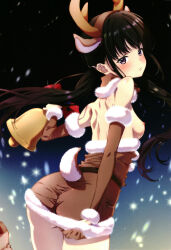 Rule 34 | 1girl, animal costume, antlers, ass, bell, blush, breasts, brown dress, christmas, closed mouth, deer tail, dress, fake antlers, fake tail, holding, holding bell, inoue takina, izumi mahiru, looking at viewer, looking back, lycoris recoil, microskirt, nipples, no bra, reindeer antlers, reindeer costume, shoulder blades, simple background, skirt, small breasts, solo, tail