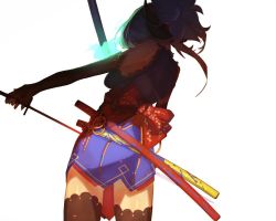 Rule 34 | 1girl, bow, detached sleeves, fate/grand order, fate (series), from behind, glowing, glowing sword, glowing weapon, katana, marico, miyamoto musashi (fate), miyamoto musashi (first ascension) (fate), pink hair, sheath, solo, sword, waist bow, weapon, white background