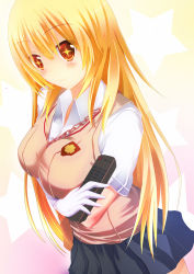 Rule 34 | + +, 1girl, blonde hair, breast hold, breasts, chain, controller, crossed arms, dutch angle, elbow gloves, gloves, gradient background, highres, ichiki yuu, impossible clothes, long hair, looking at viewer, no nose, pink background, pleated skirt, remote control, school uniform, shokuhou misaki, short sleeves, skirt, smile, solo, standing, star (symbol), sweater vest, symbol-shaped pupils, thighhighs, toaru kagaku no railgun, toaru majutsu no index, white gloves, yellow background, yellow eyes