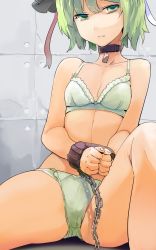 Rule 34 | 1girl, bare shoulders, bdsm, bondage, bound, bound wrists, bra, breasts, chain, cleavage, closed mouth, collar, collarbone, expressionless, fur trim, green bra, green eyes, green hair, green panties, hat, highres, knee up, looking at viewer, panties, shiki eiki, short hair, sinzan, sitting, small breasts, solo, spread legs, stomach, touhou, underwear, underwear only