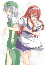 Rule 34 | 2girls, :3, ;o, alternate costume, blue eyes, braid, cosplay, costume switch, enmaided, female focus, highres, hong meiling, hong meiling (cosplay), izayoi sakuya, izayoi sakuya (cosplay), long hair, maid, maid headdress, multiple girls, one eye closed, red eyes, red hair, rindou (faker&#039;s manual), short hair, side slit, silver hair, embodiment of scarlet devil, touhou, twin braids