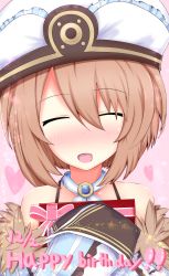 Rule 34 | 10s, 1girl, bare shoulders, birthday, blanc (neptunia), blue ribbon, blush, brooch, brown hair, closed eyes, gift, glitter, happy birthday, haru blanc0316, hat, heart, highres, jewelry, neptune (series), open mouth, pink background, ribbon, short hair, simple background, smile, solo, upper body, white hat