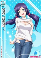 Rule 34 | 10s, 1girl, :d, breasts, card (medium), card parody, character name, cleavage, cleavage cutout, clothing cutout, denim, green eyes, groin, hand on own chest, jeans, jpeg artifacts, large breasts, love live!, love live! school idol project, low twintails, lowleg, lowleg pants, meme attire, open-chest sweater, open mouth, pants, purple hair, ribbed sweater, shiroyasha, smile, solo, sweater, tojo nozomi, turtleneck, twintails