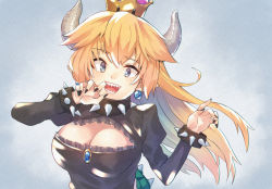 Rule 34 | 1girl, bad id, bad pixiv id, black collar, black dress, black nails, bowsette, bracelet, cleavage cutout, clothing cutout, collar, crown, dress, earrings, eichan (eichanidfi), grey background, hair between eyes, horns, jewelry, juliet sleeves, long sleeves, looking at viewer, mario (series), nail polish, new super mario bros. u deluxe, nintendo, open mouth, puffy sleeves, sharp teeth, smile, solo, spiked bracelet, spiked collar, spiked shell, spikes, super crown, teeth, turtle shell, upper body