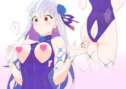 Rule 34 | !, !?, 1girl, ass, ass cutout, blue flower, blush, bracelet, breast cutout, breasts, breasts out, butt crack, censored, clothing cutout, commentary request, earrings, fate/grand order, fate (series), flower, hair flower, hair ornament, heart, heart censor, jewelry, kama (fate), kama (swimsuit avenger) (fate), kama (swimsuit avenger) (third ascension) (fate), large breasts, light purple hair, multicolored hair, multiple views, nail polish, one-piece swimsuit, pink nails, purple hair, red eyes, surprised, swimsuit, toriumi (by), translation request, two-tone hair