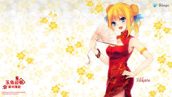 Rule 34 | 1girl, aizawa hikaru, blonde hair, blue eyes, china dress, chinese clothes, chinese new year, cleavage cutout, clothing cutout, double bun, dress, folding fan, green eyes, hand fan, hand on own hip, highres, microsoft, multicolored eyes, nail polish, shinia, side slit, silverlight, smile, solo