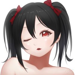 Rule 34 | 10s, 1girl, bad id, bad pixiv id, black hair, bon nob, bow, completely nude, hair between eyes, hair bow, looking at viewer, love live!, love live! school idol project, nude, one eye closed, parted lips, portrait, red bow, red eyes, signature, simple background, solo, twintails, white background, wink, yazawa nico