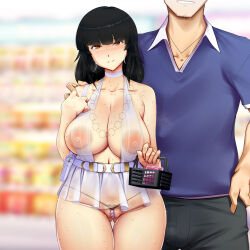 Rule 34 | 1boy, 1girl, amagasa higasa, arm around shoulder, bag, breasts, bulge, buying condoms, choker, cleavage, condom box, exhibitionism, g-string, handbag, highres, jewelry, large areolae, large breasts, necklace, original, pearl thong, pubic hair, pubic tattoo, public indecency, pussy, pussy peek, see-through, shopping, shopping basket, sweat, tattoo, thong