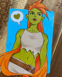 1girl belt black_eyes breasts brown_belt colored_skin commentary contrapposto crop_top english_commentary female_orc green_skin heart kasia_nie long_hair marker_(medium) medium_breasts midriff navel orange_hair orc original photo_(medium) pointy_ears solo spoken_heart tank_top traditional_media tusks upper_body very_long_hair watermark