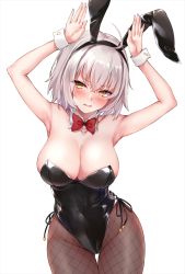 Rule 34 | 1girl, ahoge, animal ears, armpits, arms up, bad id, bad twitter id, black leotard, blush, breasts, cleavage, covered navel, detached collar, fake animal ears, fate/grand order, fate (series), fishnet pantyhose, fishnets, jeanne d&#039;arc (fate), jeanne d&#039;arc alter (avenger) (fate), jeanne d&#039;arc alter (fate), large breasts, leotard, looking at viewer, marisasu (marisa0904), pantyhose, playboy bunny, rabbit ears, rabbit pose, short hair, silver hair, simple background, strapless, strapless leotard, thighs, white background, wrist cuffs, yellow eyes