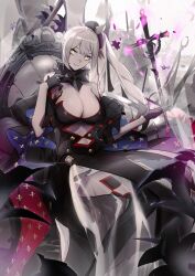 Rule 34 | 1girl, absurdres, bare shoulders, black dress, black gloves, breasts, chair, cleavage, detached collar, dress, fate/grand order, fate (series), gloves, hair ornament, half gloves, highres, large breasts, long hair, looking at viewer, marie antoinette (alter) (fate), marie antoinette (fate), no-kan, off shoulder, pale skin, see-through, see-through skirt, side ponytail, sitting, skirt, smile, solo, sword, very long hair, weapon, white hair, yellow eyes