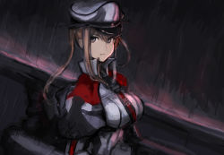 Rule 34 | 1girl, blonde hair, breasts, capelet, celtic knot, closed mouth, cross, graf zeppelin (kancolle), hair between eyes, hat, highres, iron cross, kantai collection, large breasts, long hair, long sleeves, military, military uniform, moor, peaked cap, rain, rigging, sidelocks, solo, twintails, uniform, upper body