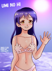Rule 34 | 1girl, artist name, artist request, bikini, blue hair, blue sky, blush, breasts, brown eyes, cloud, day, female focus, flat chest, hair between eyes, hand wave, kkoga7, long hair, looking at viewer, love live!, love live! school idol project, ocean, outdoors, parted lips, sky, small breasts, smile, solo, sonoda umi, swimsuit, teeth, white bikini, yellow eyes