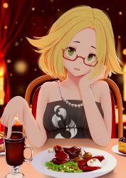 Rule 34 | 1girl, absurdres, alternate costume, bare arms, bare shoulders, bianca (pokemon), black dress, blonde hair, blurry, blurry background, blush, breasts, chair, commentary, commission, creatures (company), curtains, dress, elbows on table, english commentary, food, game freak, glass, glasses, green eyes, head rest, highres, jewelry, kirimatsu, medium hair, necklace, nintendo, on chair, open mouth, parted bangs, pearl necklace, plate, pokemon, pokemon bw2, pov across table, pov dating, red-framed eyewear, semi-rimless eyewear, sitting, small breasts, solo, strapless, strapless dress, table, teeth, under-rim eyewear, upper teeth only