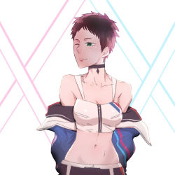Rule 34 | 10s, 1boy, bare shoulders, black collar, blue jacket, breasts, brown hair, cleavage, clothes pull, collar, collarbone, darling in the franxx, green eyes, highres, jacket, jacket pull, male focus, mitsuru (darling in the franxx), navel, one eye closed, short hair, solo, stomach