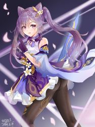 Rule 34 | 1girl, artist request, ass, bare shoulders, blush, detached sleeves, dress, genshin impact, gloves, hair ornament, hairpin, highres, keqing (genshin impact), long hair, looking at viewer, open mouth, pantyhose, purple dress, purple eyes, purple hair, shiny clothes, short dress, skirt, solo, twintails, very long hair
