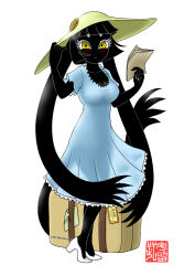 Rule 34 | 1girl, artist logo, black hair, black skin, black tail, blue dress, book, briefcase, closed mouth, collarbone, colored skin, demon girl, dot mouth, dress, eyelashes, flower, frilled dress, frills, full body, hand on headwear, hat, hat flower, high heels, highres, holding, holding book, looking at viewer, m.wolverine, monster girl, original, pink nails, short hair with long locks, simple background, solo, standing, sun hat, white background, white footwear, yellow eyes