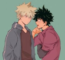 Rule 34 | 2boys, adam&#039;s apple, bakugou katsuki, blonde hair, blue jacket, boku no hero academia, closed mouth, collarbone, curly hair, eyebrows, freckles, green background, green eyes, green hair, hair between eyes, hand on own chin, hand on own face, height difference, hood, hood down, jacket, kiwii, long sleeves, looking at another, looking away, male focus, midoriya izuku, multiple boys, open mouth, pale skin, red eyes, red shirt, shirt, short hair, simple background, sleeves past elbows, spiked hair, talking, teeth, tongue