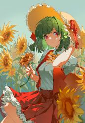 Rule 34 | 1girl, absurdres, arm behind head, arm up, bow, bowtie, chinese commentary, closed mouth, commentary request, cowboy shot, expressionless, fingernails, flower, frilled hat, frilled skirt, frills, green hair, hand up, hat, hat bow, highres, holding, holding flower, kazami yuuka, leaf, looking at viewer, medium hair, open clothes, open vest, red bow, red eyes, red skirt, red vest, shirt, short sleeves, skirt, solo, sun hat, sunflower, touhou, vest, white shirt, yellow bow, yellow bowtie, yellow flower, yellow hat, yiban tongguo wangyu