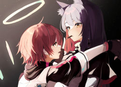 Rule 34 | 2girls, animal ear fluff, animal ears, arknights, black background, black gloves, black hair, brown eyes, close-up, commentary, exusiai (arknights), eye contact, food, food in mouth, gloves, gradient background, grey background, grey jacket, halo, highres, holding, holding person, jacket, light ray, long sleeves, looking at another, lumo 1121, mouth hold, multicolored hair, multiple girls, open mouth, pocky, profile, raglan sleeves, red hair, shiny clothes, shiny skin, short hair, short sleeves, texas (arknights), white jacket, wolf ears, yuri