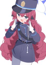 Rule 34 | :d, absurdres, anma21, blue archive, charm (object), cosplay, gloves, grey eyes, halo, hat, nozomi (blue archive), highres, iroha (blue archive), military hat, military uniform, nozomi (blue archive) (cosplay), open mouth, pantyhose, red hair, shorts, smile, tagme, uniform, white gloves, white pantyhose