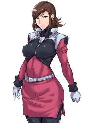 Rule 34 | 10s, 1girl, belt, black beat, black pantyhose, breasts, brown hair, covered erect nipples, gloves, green eyes, gundam, gundam age, military, military uniform, millais alloy, pantyhose, short hair, simple background, sketch, smile, solo, uniform, white background, white gloves