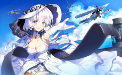Rule 34 | 1girl, aircraft, airplane, azur lane, blue eyes, breasts, cloud, cloudy sky, day, dress, elbow gloves, gloves, hat, highres, illustrious (azur lane), large breasts, long hair, looking at viewer, low twintails, outstretched arm, rei (rei&#039;s room), sky, smile, solo, thighhighs, twintails, white dress, white gloves, white hair