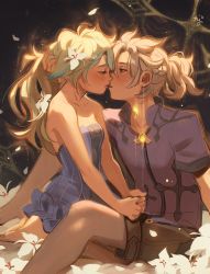 Rule 34 | 1boy, 1girl, albedo (genshin impact), aleikats, androgynous, animal ears, blonde hair, blue eyes, blush, brown eyes, flower, fox ears, fox girl, genshin impact, green hair, hair flower, hair ornament, highres, imminent kiss, leaning in, looking at another, pale skin, ponytail, star (symbol), star tattoo, sucrose (genshin impact), tattoo